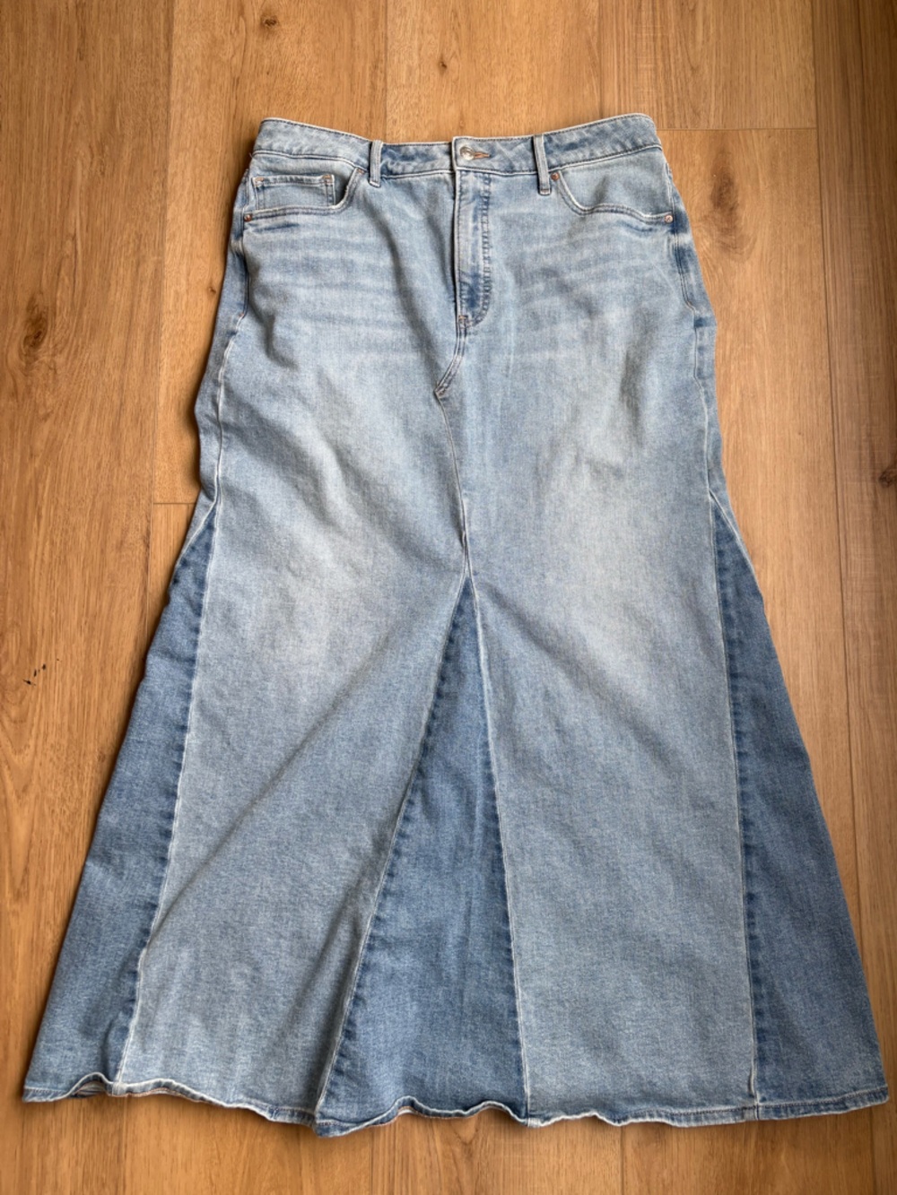Express Light Blue Patchwork Denim Long Skirt Size 12 Coastal Cowgirl